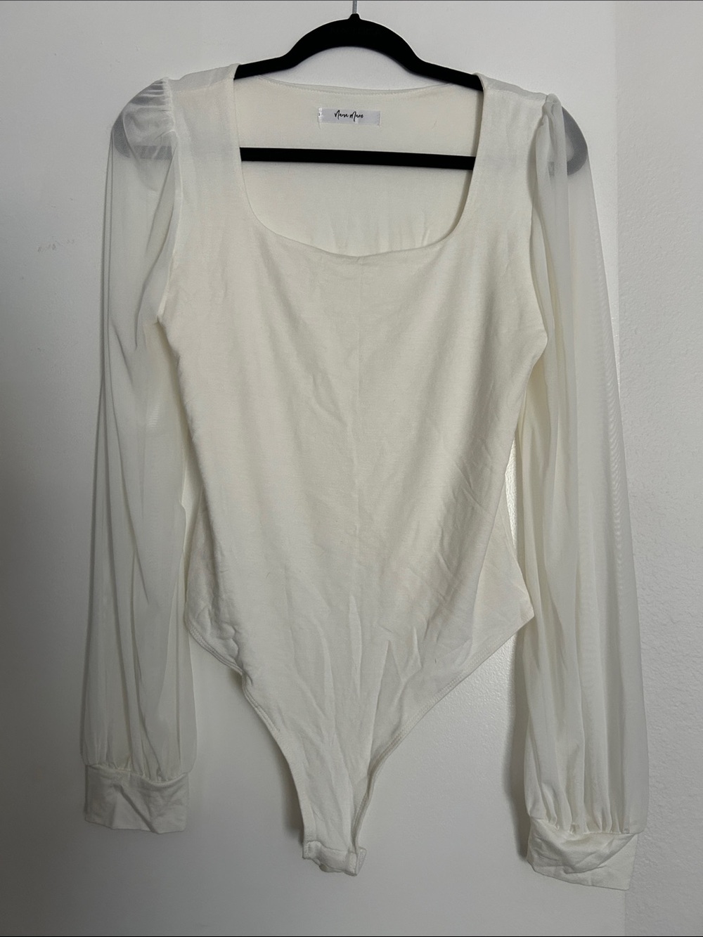 NanaMacs Ivory Scoop-Neck Long-Sleeve Sheer-Sleeve Bodysuit